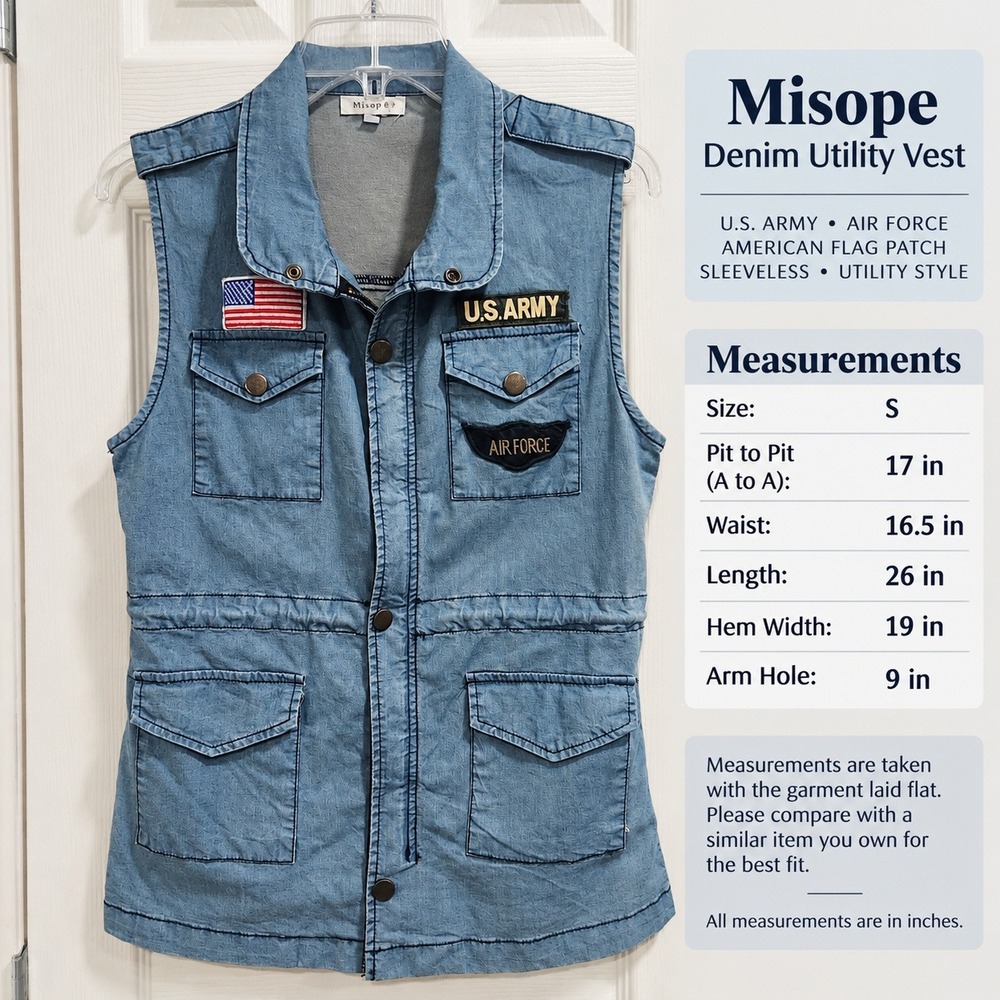 Misope Denim Utility Vest Military Patches Light Wash Blue Small J1154 - Picture 8 of 8
